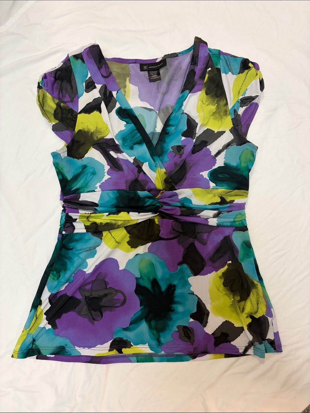 INC International Concepts Floral Surplice Top in Teal, Purple & Lime